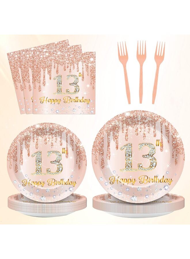 68PCS Complete Party Set, Themed Paper Plate Set with Matching Napkins and Cups, Disposable Tableware for Themed Birthday Parties and Gatherings (13 Years Old, Pink) - Image 2