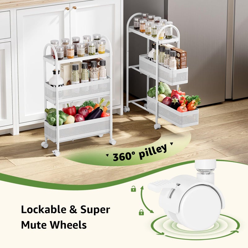KINGRACK 3-Tier Slim Storage Cart with Pull Out Basket, Rolling Bathroom Organizer Utility, Metal Shelving Unit Slide Out, Lockable Wheels, Easy Assembly for Narrow Place, Kitchen, Laundry Room, White - Image 4