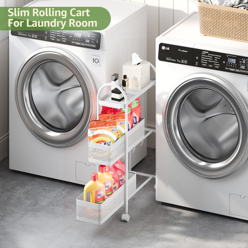 KINGRACK 3-Tier Slim Storage Cart with Pull Out Basket, Rolling Bathroom Organizer Utility, Metal Shelving Unit Slide Out, Lockable Wheels, Easy Assembly for Narrow Place, Kitchen, Laundry Room, White - Image 2