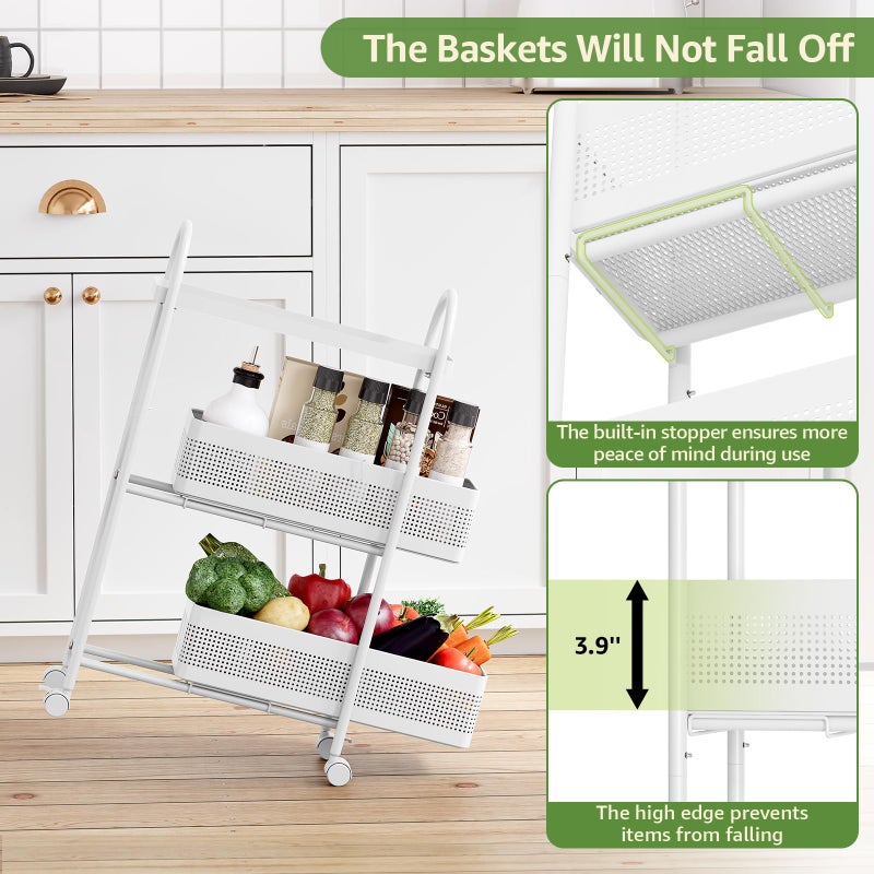 KINGRACK 3-Tier Slim Storage Cart with Pull Out Basket, Rolling Bathroom Organizer Utility, Metal Shelving Unit Slide Out, Lockable Wheels, Easy Assembly for Narrow Place, Kitchen, Laundry Room, White - Image 3