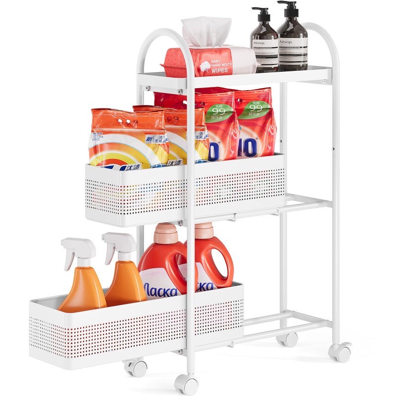 KINGRACK 3-Tier Slim Storage Cart with Pull Out Basket, Rolling Bathroom Organizer Utility, Metal Shelving Unit Slide Out, Lockable Wheels, Easy Assembly for Narrow Place, Kitchen, Laundry Room, White - Image 1