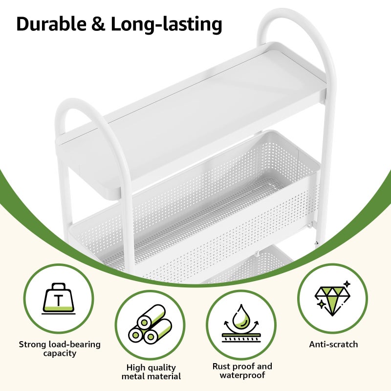 KINGRACK 3-Tier Slim Storage Cart with Pull Out Basket, Rolling Bathroom Organizer Utility, Metal Shelving Unit Slide Out, Lockable Wheels, Easy Assembly for Narrow Place, Kitchen, Laundry Room, White - Image 5