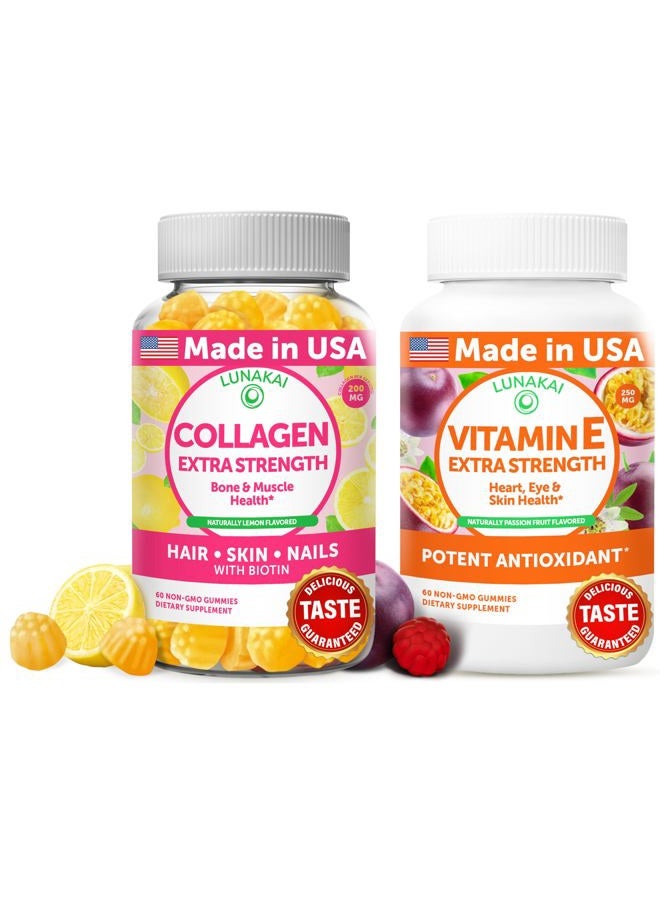 LUNAKAI Collagen and Vitamin E Gummies Bundle - Non-GMO Anti Aging Supplements for Men & Women - Natural Gummy with Vitamin C & 250 mg Natural VIT E - Image 1
