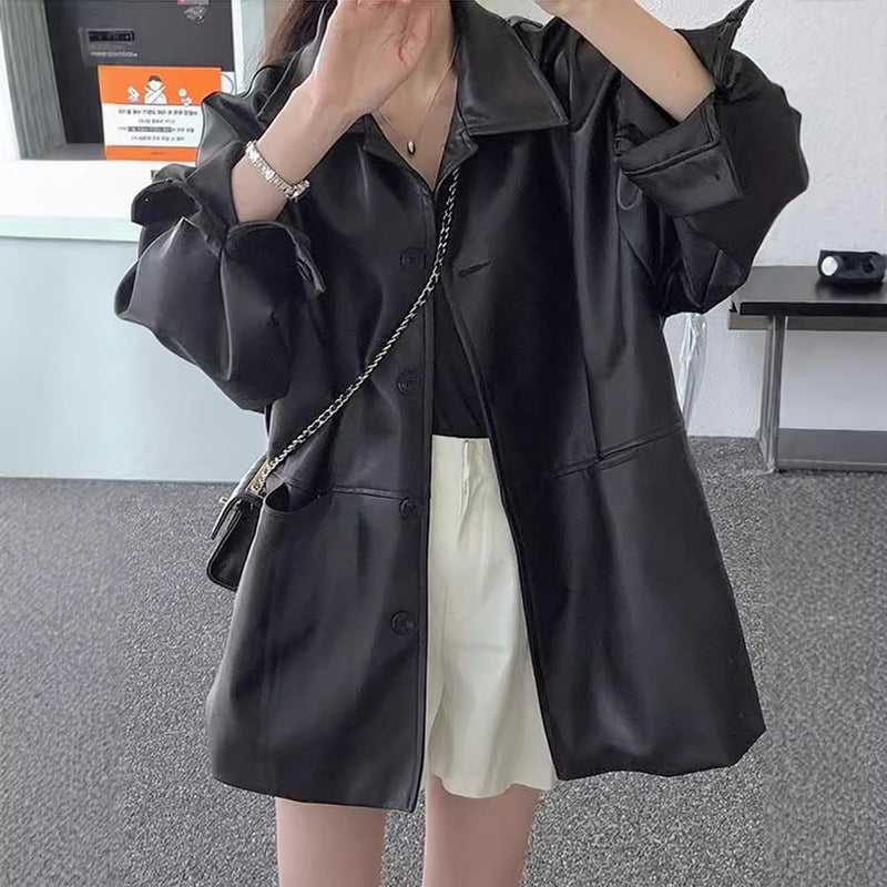 معطف دراجة نارية أنيق وعصري بأسلوب كوري للنساء خريف جديد فضفاض يناسب جميع الأزياء سترة جلدية كاردigan - Image 2