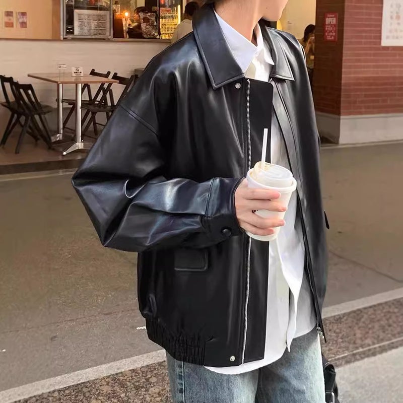 معطف دراجة نارية أنيق وعصري بأسلوب كوري للنساء خريف جديد فضفاض يناسب جميع الأزياء سترة جلدية كاردigan - Image 3