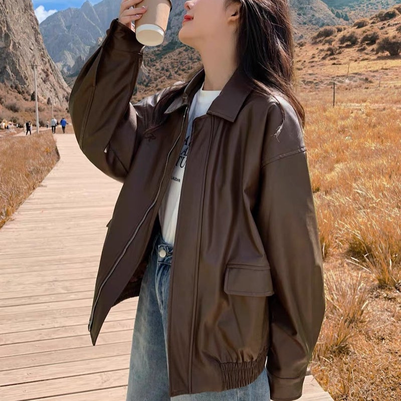 معطف دراجة نارية أنيق وعصري بأسلوب كوري للنساء خريف جديد فضفاض يناسب جميع الأزياء سترة جلدية كاردigan - Image 1