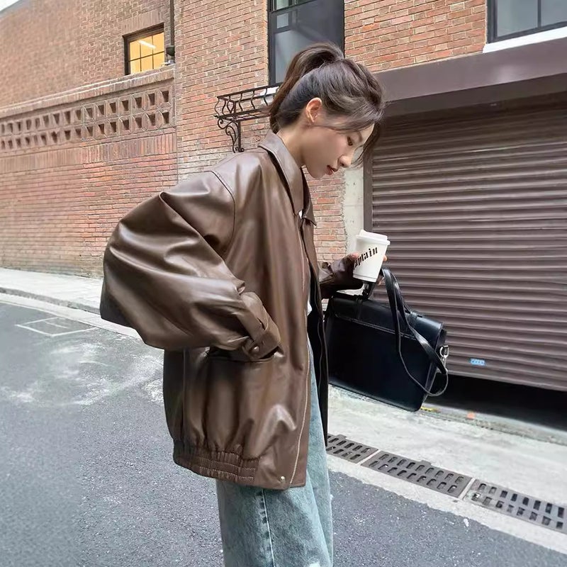 معطف دراجة نارية أنيق وعصري بأسلوب كوري للنساء خريف جديد فضفاض يناسب جميع الأزياء سترة جلدية كاردigan - Image 4