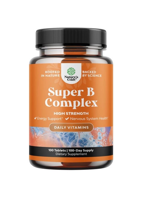 Super Vitamin B Complex for Women & Men - B Vitamins Complex with Thiamin, Riboflavin, Niacin, 6, 12 and Folate - Blend Supplement for Nervous System Support, Energy & High Strength - 100 Tablets