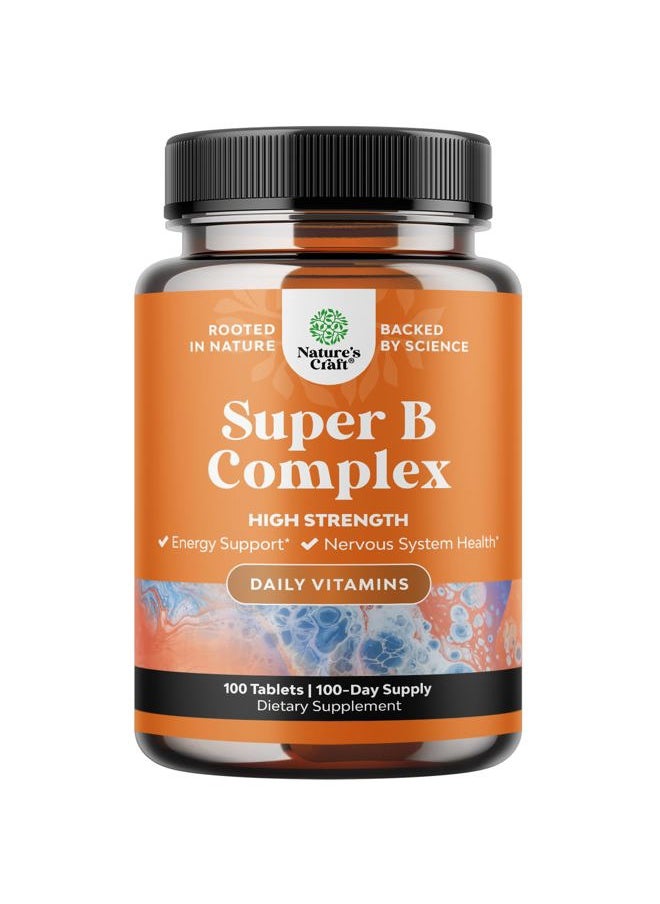 Super Vitamin B Complex for Women & Men - B Vitamins Complex with Thiamin, Riboflavin, Niacin, 6, 12 and Folate - Blend Supplement for Nervous System Support, Energy & High Strength - 100 Tablets