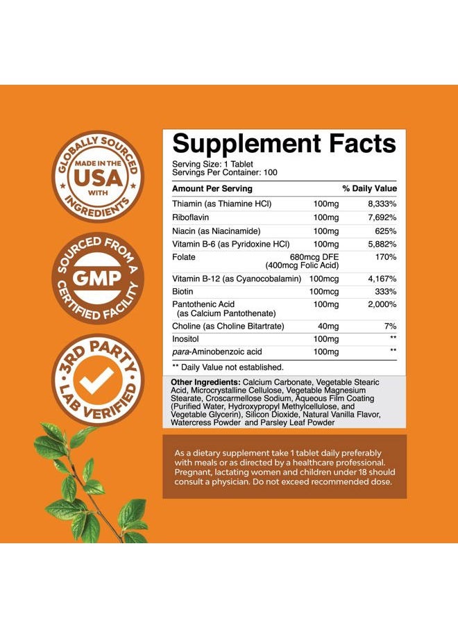 Super Vitamin B Complex for Women & Men - B Vitamins Complex with Thiamin, Riboflavin, Niacin, 6, 12 and Folate - Blend Supplement for Nervous System Support, Energy & High Strength - 100 Tablets