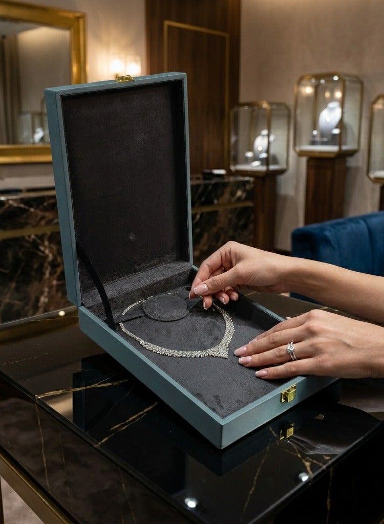Al Seraj Luxury Necklace Jewellery Box Made in Dubai | Premium Grey Rexine Exterior with Soft Suede Interior | Elegant Pendant & Necklace Storage Case | Jewelry Gift Box for Wedding, Proposal & Shop Display - Image 4
