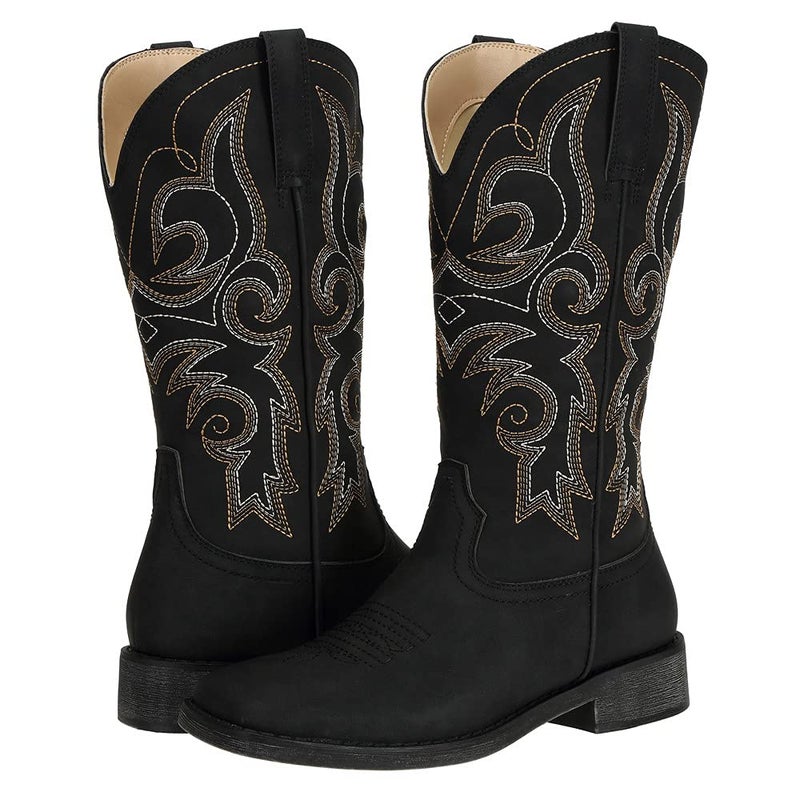 SheSole Cowgirl Boots for Women Square Toe Mid Calf Embroidered Fashion Western Cowboy Boots Distressed Black US Size 8 - Image 1
