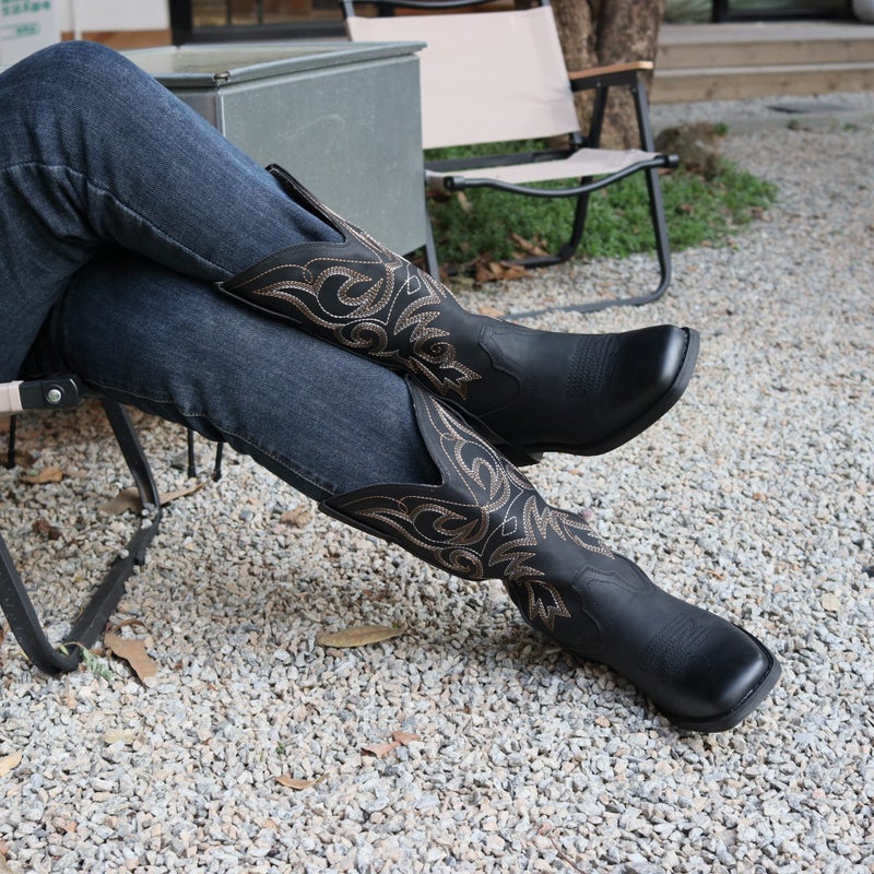 SheSole Cowgirl Boots for Women Square Toe Mid Calf Embroidered Fashion Western Cowboy Boots Distressed Black US Size 8 - Image 3