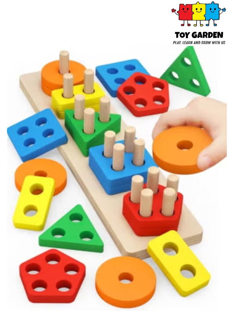 TOY GARDEN Montessori Wooden Sorting Stacking Toy Educational Shape Sorter Puzzle Preschool Color Recognition Activity for Toddlers Boys and Girls Ages 1-3 - Image 1