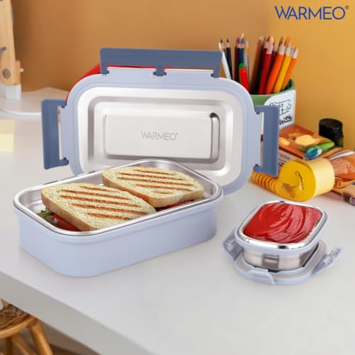 WARMEO Delight Insulated Stainless Steel Airtight Leak-Proof Lunch Box with Clip Lock Lid,Light Weight, Easy to Clean, Perfect for Office, School, Picnic & Travelling, Combo(800ml+150ml), Blue & Grey - Image 2