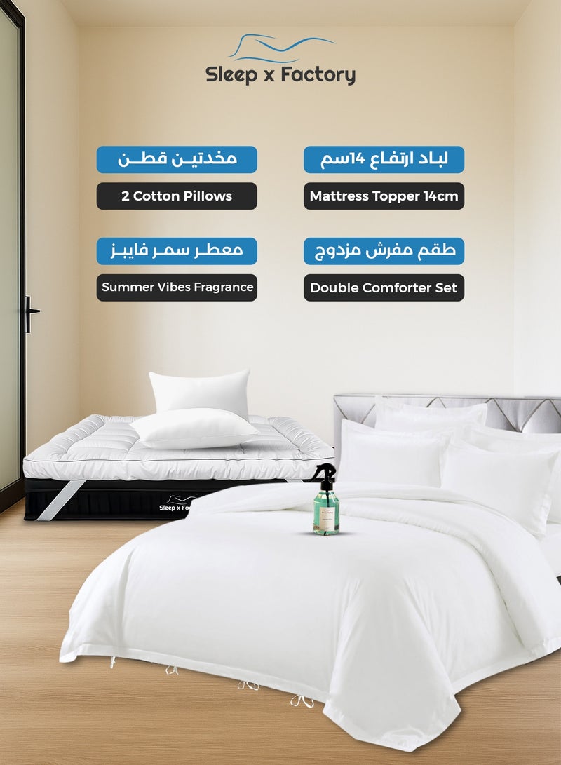 Sleep x Factory Ultimate Hotel Luxury Bedding Bundle – 14 cm Mattress Topper, Comforter Set, 2 Cotton Pillows & Summer Vibes Room Fragrance - Image 1