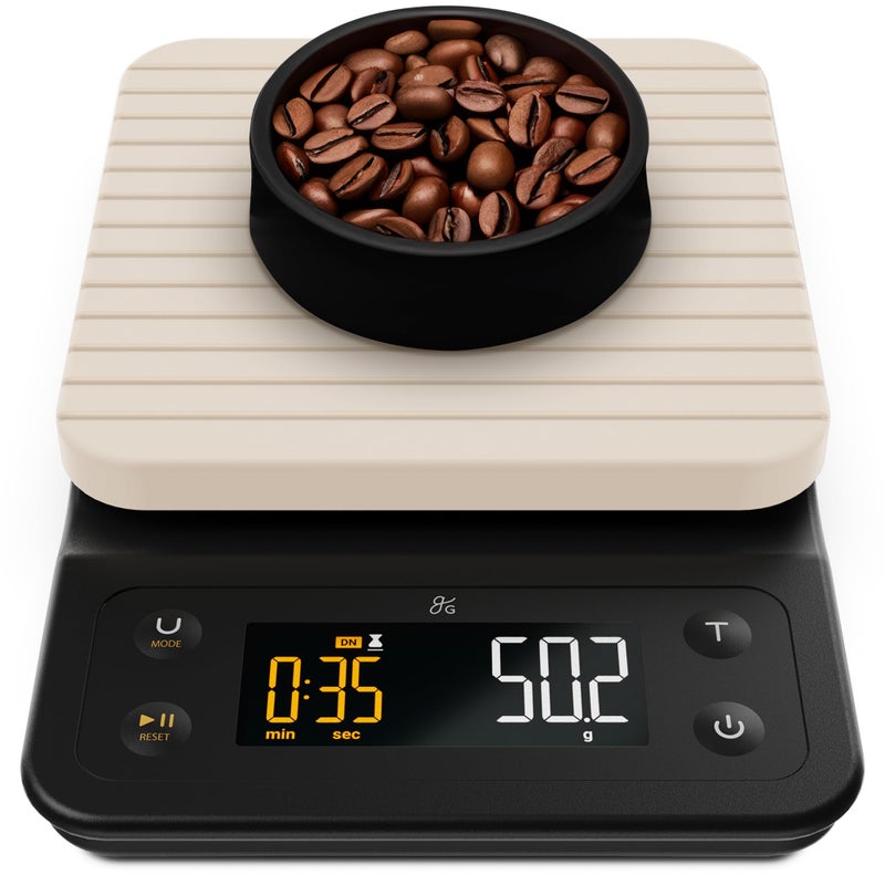 ميزان قهوة دقيق Greater Goods 01g مع مؤقت 3kg ميزان رقمي للاستخدام في تحضير القهوة الفرنسية والإسبريسو في المطبخ من خشب البتولا