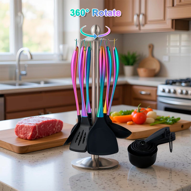 Blithely Silicone Cooking Utensils Set, 17pcs Kitchen Utensil Set with Rotatable Holder, Heat-Resistant Silicone Utensils for Cooking, Non-Stick Spatula Set with Stainless Steel Handle,Turner,Ladle (Rainbow) - Image 4