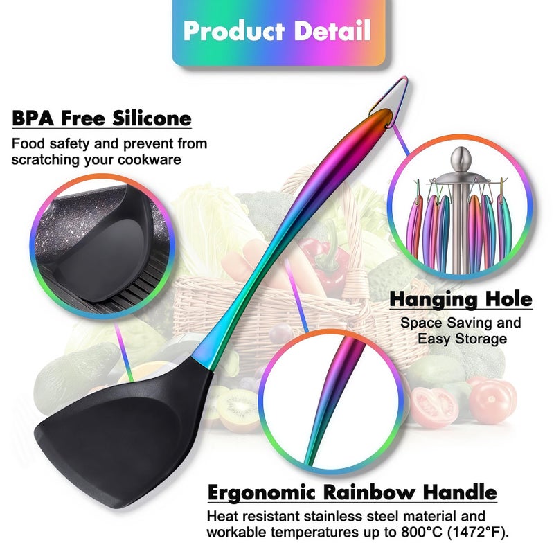 Blithely Silicone Cooking Utensils Set, 17pcs Kitchen Utensil Set with Rotatable Holder, Heat-Resistant Silicone Utensils for Cooking, Non-Stick Spatula Set with Stainless Steel Handle,Turner,Ladle (Rainbow) - Image 2