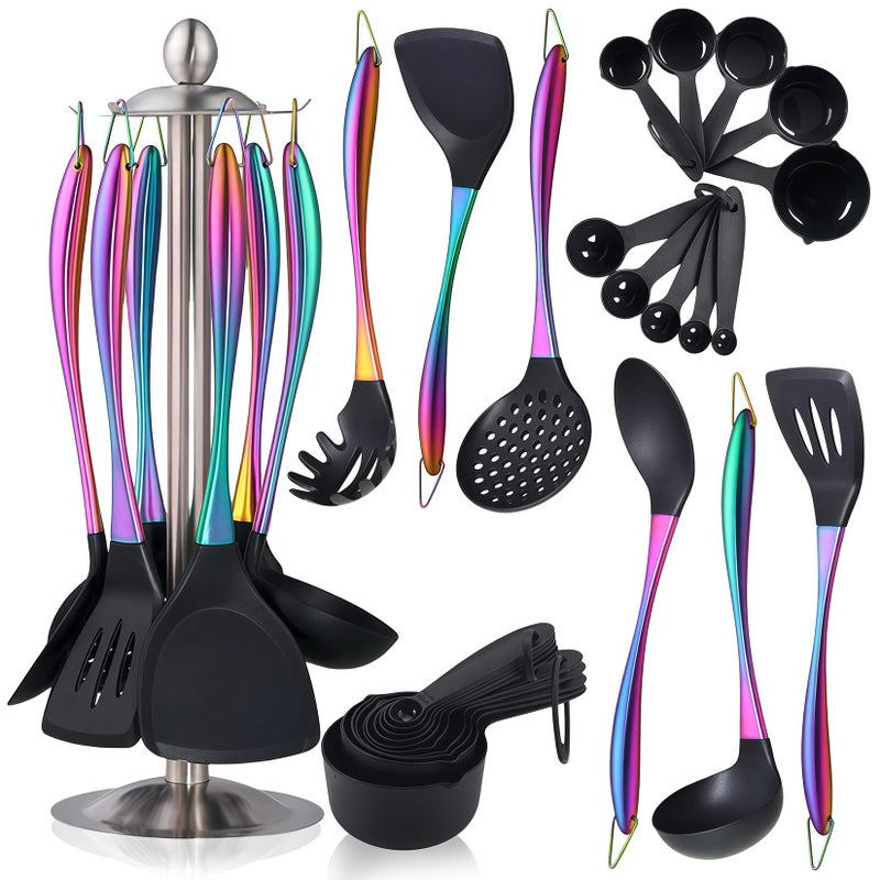 Blithely Silicone Cooking Utensils Set, 17pcs Kitchen Utensil Set with Rotatable Holder, Heat-Resistant Silicone Utensils for Cooking, Non-Stick Spatula Set with Stainless Steel Handle,Turner,Ladle (Rainbow) - Image 1