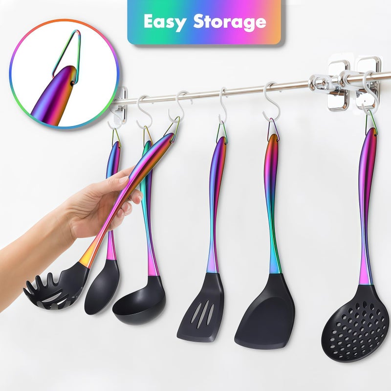 Blithely Silicone Cooking Utensils Set, 17pcs Kitchen Utensil Set with Rotatable Holder, Heat-Resistant Silicone Utensils for Cooking, Non-Stick Spatula Set with Stainless Steel Handle,Turner,Ladle (Rainbow) - Image 5