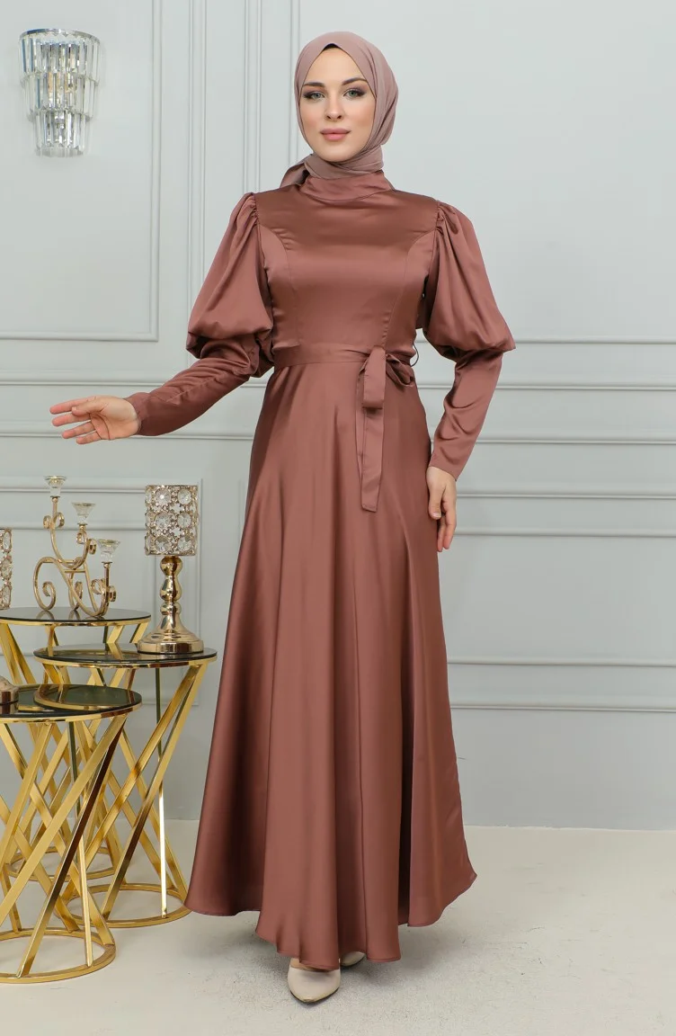 Sefa Merve Sleeve Detailed Cup Evening Dress 6084-02 Brown