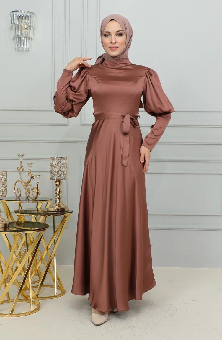 Sefa Merve Sleeve Detailed Cup Evening Dress 6084-02 Brown