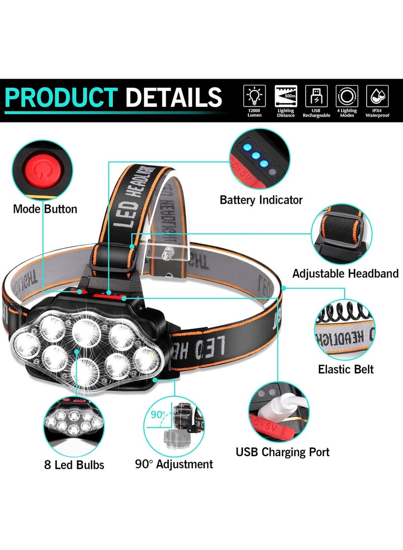 Rechargeable LED Headlamp, High Power, Head with 4 Modes, 500M Range, IPX20 Waterproof for Helmet, Fishing, Bike, Camping and Hunting - Image 5