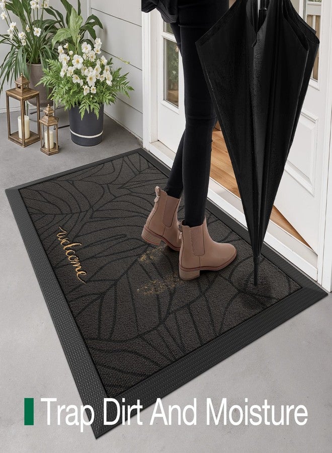 LUMI Premium Front Door Mat 24"x36", Non-Slip Heavy Duty Rubber Welcome Mats, Embroidered Tree Dirt Trapper Doormat for Indoor Outdoor Entryway, Porch, Patio, Grey Gold Monstera - Image 3