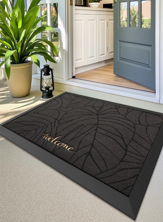 LUMI Premium Front Door Mat 24"x36", Non-Slip Heavy Duty Rubber Welcome Mats, Embroidered Tree Dirt Trapper Doormat for Indoor Outdoor Entryway, Porch, Patio, Grey Gold Monstera - Image 1