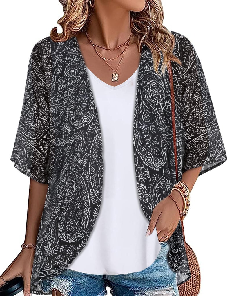 JOELLYUS Women's Kimono Beach Coverups Sheer Polyester and Spandex Cardigan Casual Loose Open Front Blouse Tops Hawaiian Shirts(Boho Black, L) - Image 1