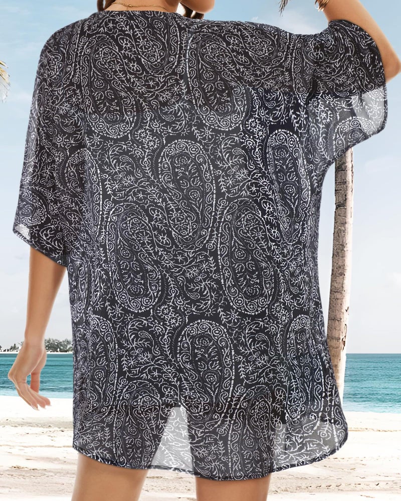 JOELLYUS Women's Kimono Beach Coverups Sheer Polyester and Spandex Cardigan Casual Loose Open Front Blouse Tops Hawaiian Shirts(Boho Black, L) - Image 5