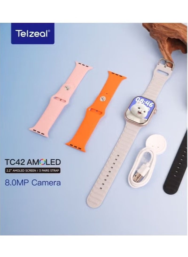 Telzeal TC42 AMOLED 4G Smartwatch with 2.2 Inch AMOLED Display, 8MP Camera, SIM Card Slot, 3 Pairs of Straps, Charging Cable – Stylish and Functional for Ladies and Gents – Silver - Image 3