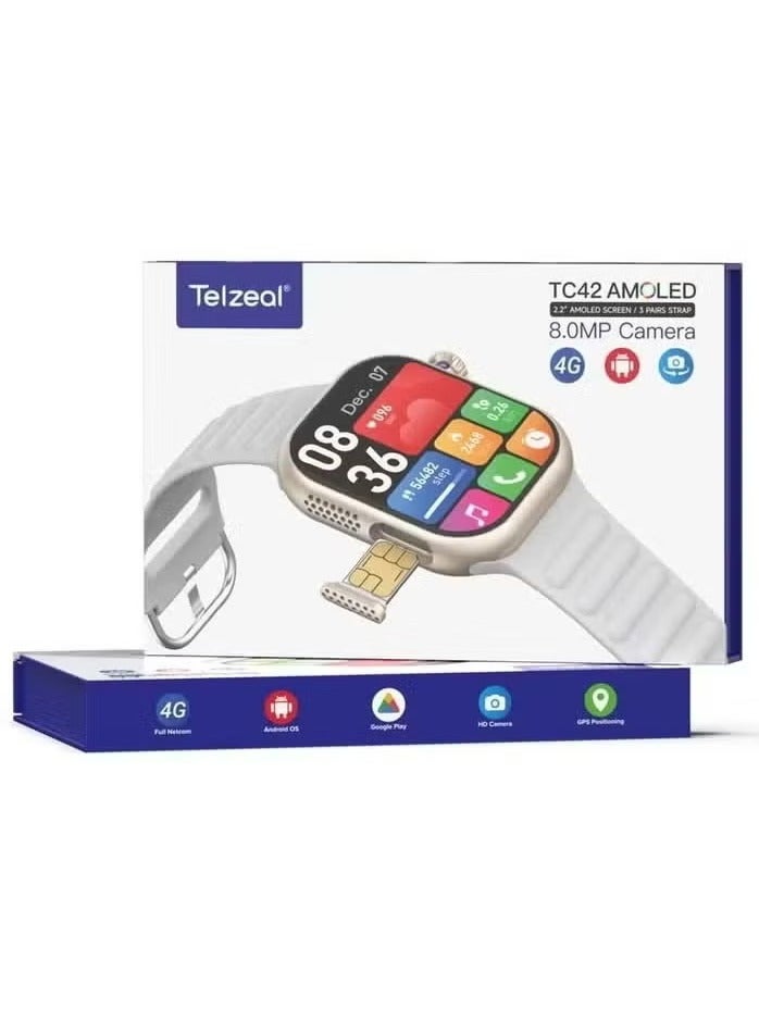 Telzeal TC42 AMOLED 4G Smartwatch with 2.2 Inch AMOLED Display, 8MP Camera, SIM Card Slot, 3 Pairs of Straps, Charging Cable – Stylish and Functional for Ladies and Gents – Silver - Image 5