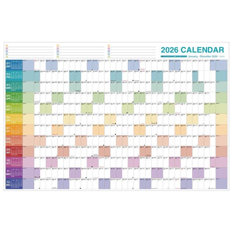 BowCuk Yearly Wall Calendar 2026 - Large Yearly Calendar 2026, Jan 2026 - Dec 2026, 38.2'' x 25.2'' (Open), 2026 Calendar 12 Months, Yearly Wall Calendar with To-do Lists, Notes, Stickers, All At One Page - Image 1