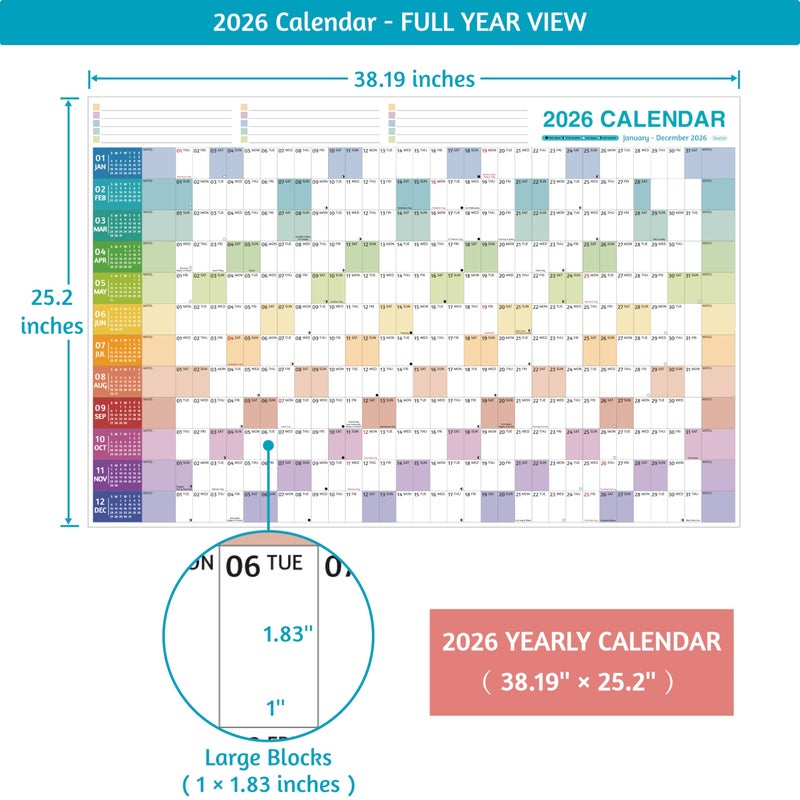 BowCuk Yearly Wall Calendar 2026 - Large Yearly Calendar 2026, Jan 2026 - Dec 2026, 38.2'' x 25.2'' (Open), 2026 Calendar 12 Months, Yearly Wall Calendar with To-do Lists, Notes, Stickers, All At One Page - Image 4