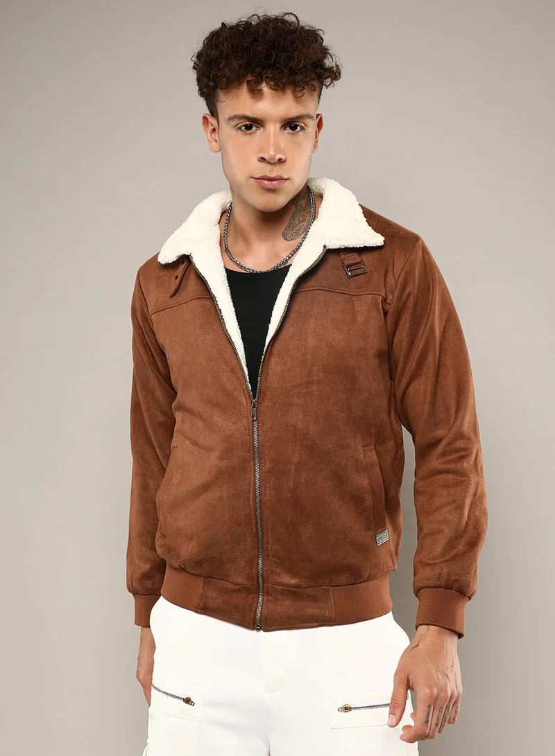 Campus Sutra Men's Brown Zip-Front Jacket With Fleece Detail
