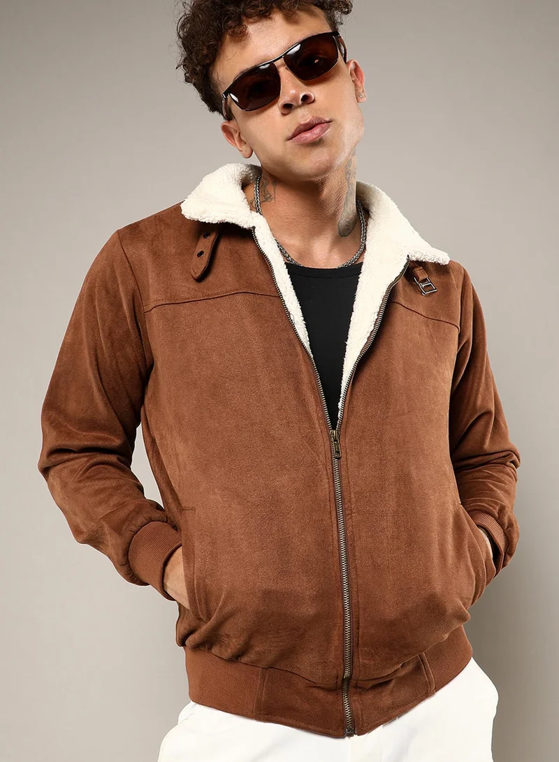 Campus Sutra Men's Brown Zip-Front Jacket With Fleece Detail