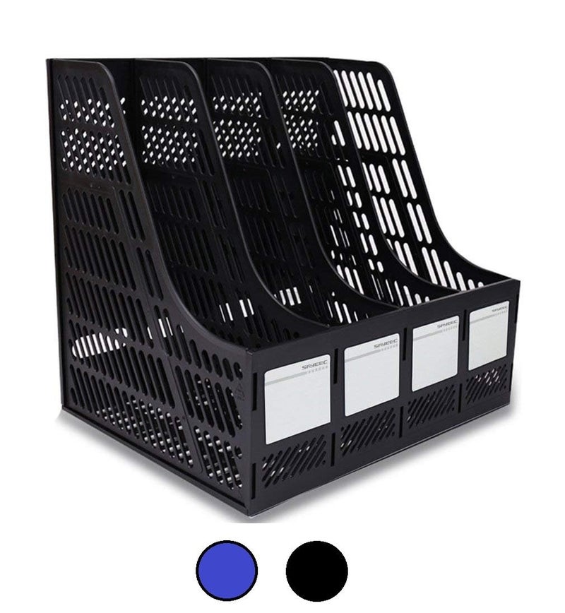PRANIJ Desktop Magazine Holder - 4 Compartments, Desk File Organizer, Plastic Vertical File Dividers Book Holder & Document Storage Rack for Office Desk, 1Pc (Blue/Black) - Image 1