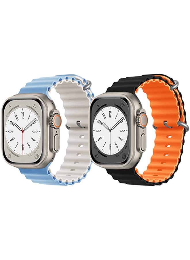 vesus Silicone Ocean Band Strap for Apple Watch Ultra 8 49mm Sky Blue/White Double Side Strap with Black/Orange Double Side Strap Set of 2