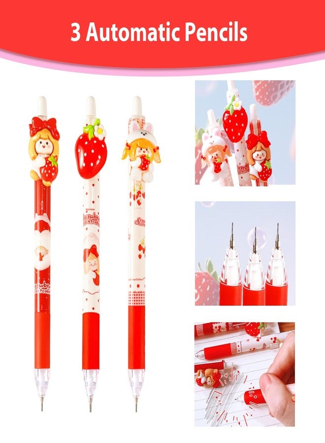 Daphilly Cute Strawberry School Supplies,Kawaii Stationery Birthday Gifts,Includes Erasers,Strawberry Mechanical Pencils,Lead Refills,Strawberry Pens,Pencil Holder,for Office School Supplies - Image 4