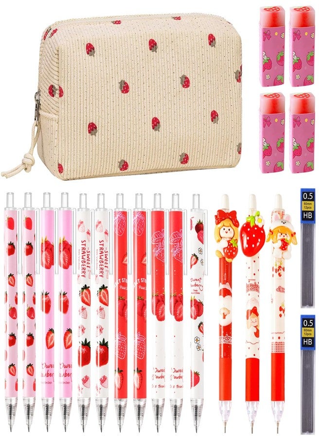 Daphilly Cute Strawberry School Supplies,Kawaii Stationery Birthday Gifts,Includes Erasers,Strawberry Mechanical Pencils,Lead Refills,Strawberry Pens,Pencil Holder,for Office School Supplies - Image 1