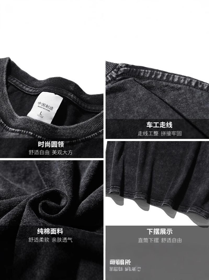Pure Cotton Washed Distressed Heavy Short-Sleeved T-Shirt For Men And Women Oversize American Retro Printed Half-Sleeved Trendy Brand Top - Image 4
