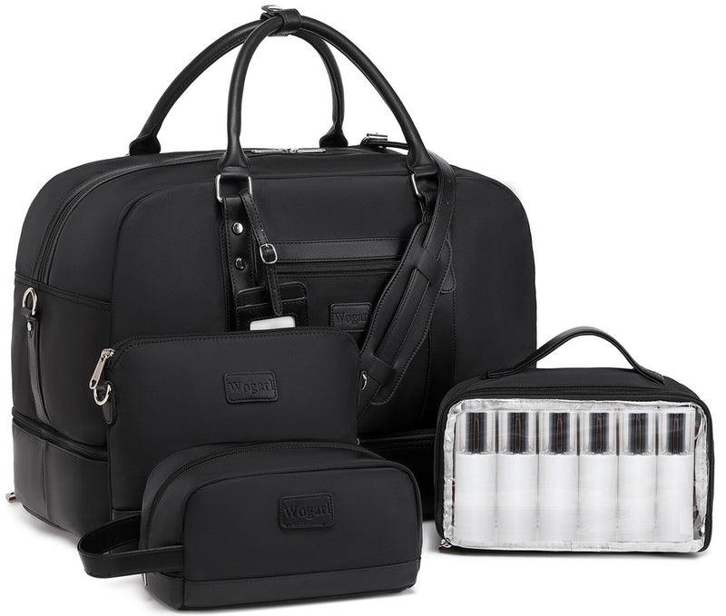 Wogarl 4PCS Weekender Bags for Women Large Overnight Bag Weekend Travel Duffel Bag Carry on Shoulder with Shoe Compartment Canvas Toiletry Bag for Travel Business Gym(Black-FH) - Image 1