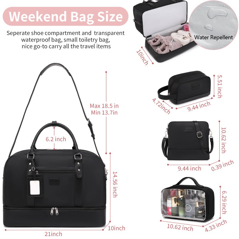 Wogarl 4PCS Weekender Bags for Women Large Overnight Bag Weekend Travel Duffel Bag Carry on Shoulder with Shoe Compartment Canvas Toiletry Bag for Travel Business Gym(Black-FH) - Image 5