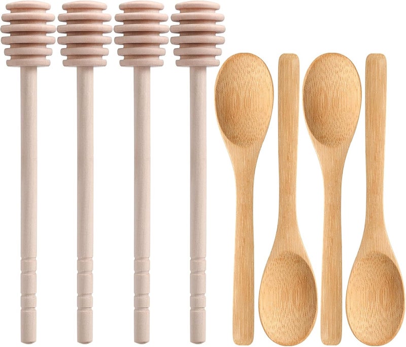 CJFocus 8 Pack Honey Sticks Dipper Set, 6 Inch Honeycomb Stirrer 4 Pcs with Bamboo Honey Spoons 4 Pcs, Mini Wooden Wand for Dispense Jar Drizzle and Wedding Party Decor Favors Gift - Image 1