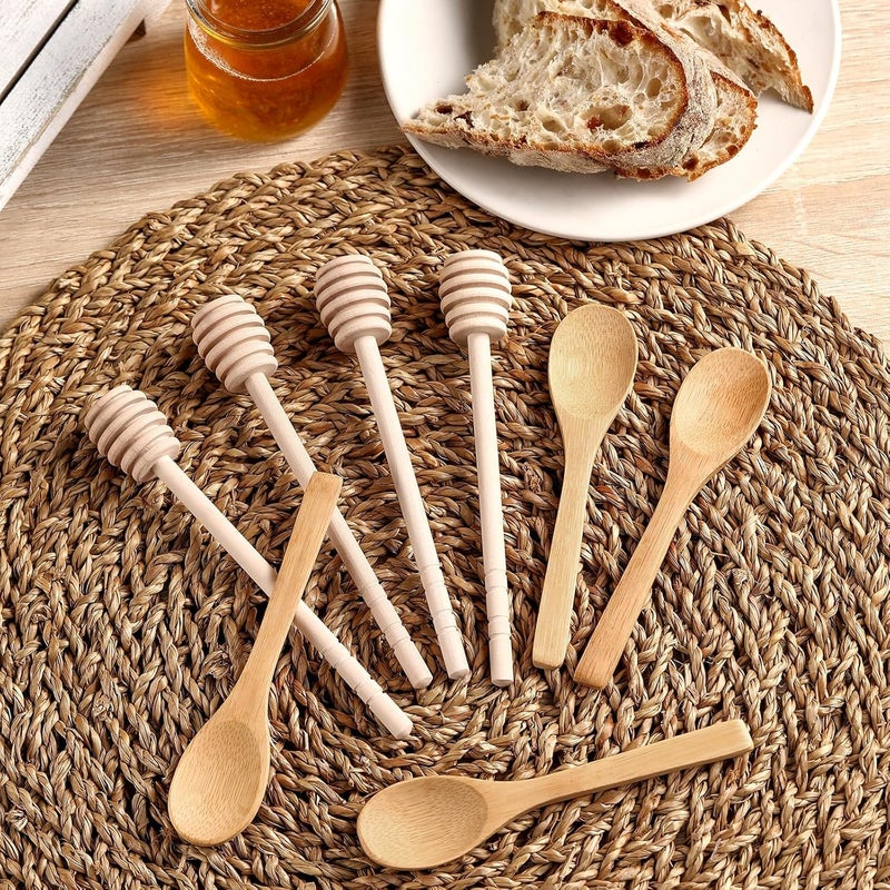 CJFocus 8 Pack Honey Sticks Dipper Set, 6 Inch Honeycomb Stirrer 4 Pcs with Bamboo Honey Spoons 4 Pcs, Mini Wooden Wand for Dispense Jar Drizzle and Wedding Party Decor Favors Gift - Image 2