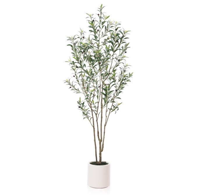 Artificial Olive Trees 7 ft Tall Fake Olive Trees for Indoor Faux Olive Silk Tree Large Olive Plants with White Planter for Home Decor and Housewarming Gift 1 Pack