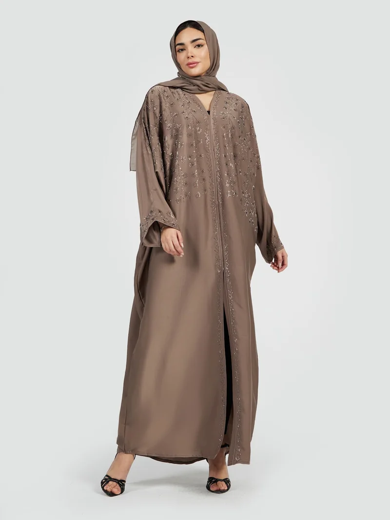Women's Taupe Brown Embellished Open Front Abaya - Modest Evening Wear
