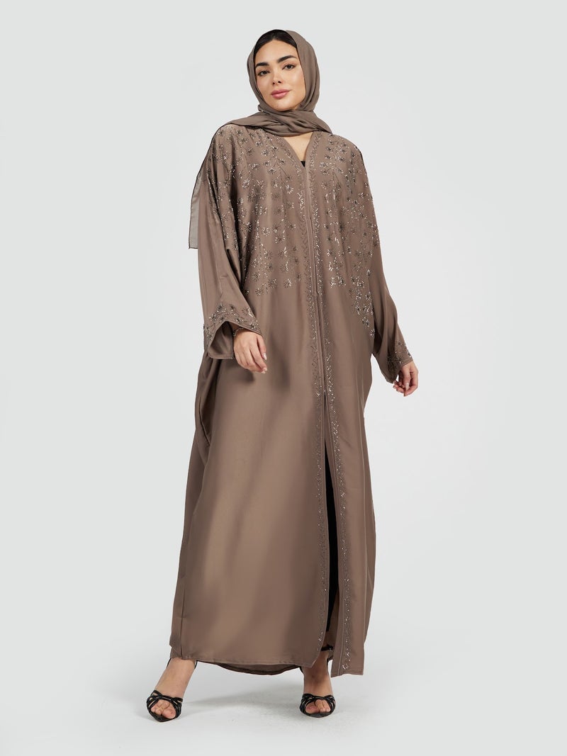 Reem Abayas عباءة نسائية بني توب مزينة بفتحة أمامية - ملابس مسائية محتشمة - Image 1